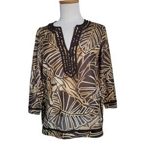 Jones New York Cotton Tunic Top Tropical Garden Monstera L Petite Boho Tropical